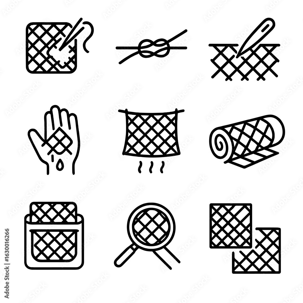 Aufkleber netting repair icons. outline icon set of netting repair and maintenance: patching net, knot tying, 
