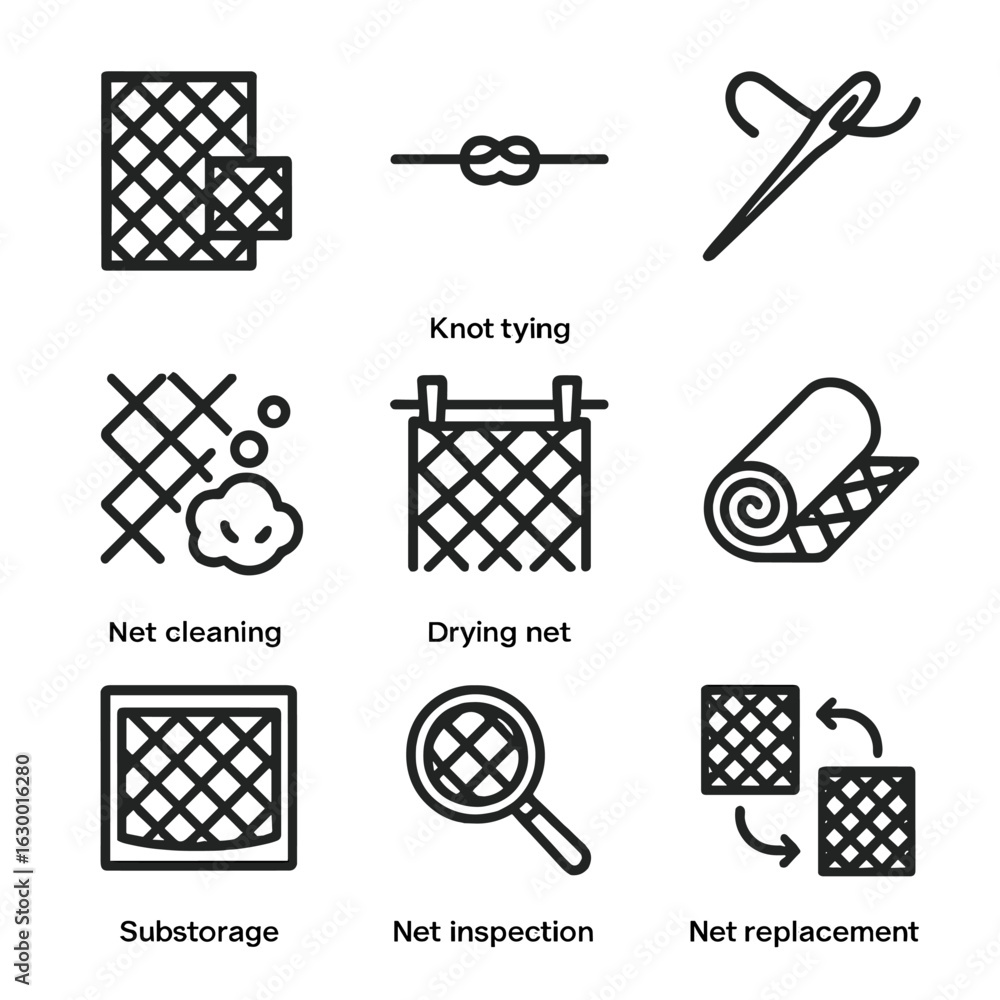 Poster netting repair icons. outline icon set of netting repair and maintenance: patching net, knot tying, 