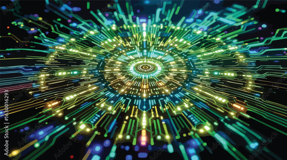 Aufkleber abstract radial circuit board pattern with glowing lights.