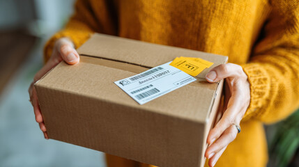 A close-up shot of hands holding a brown shipping box with a label, representing the themes of e-commerce, home delivery, and consumerism in the digital age