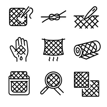 Netting Repair Icons. Outline icon set of netting repair and maintenance: patching net, knot tying, needle threading, net cleaning