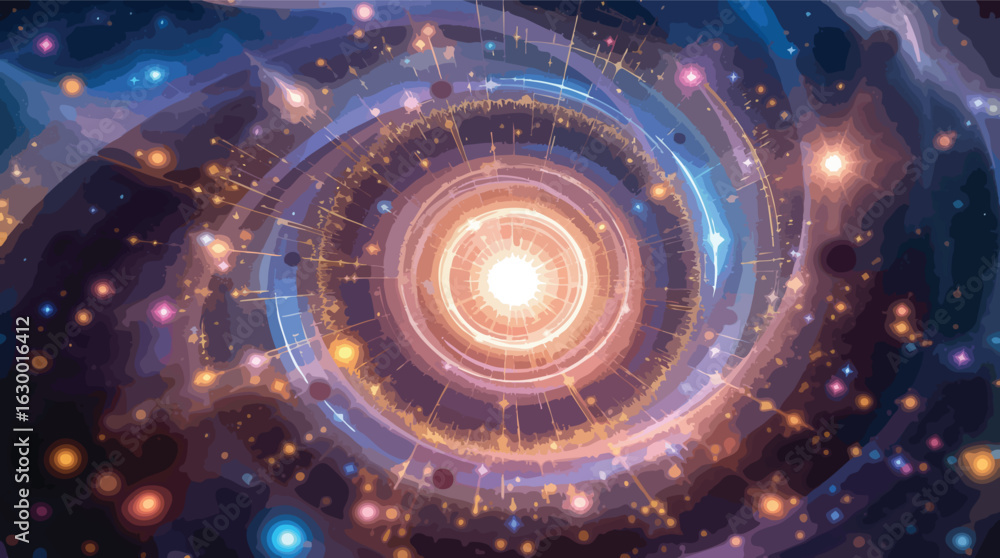 Poster abstract representation of energy and celestial bodies with radiating light in space.