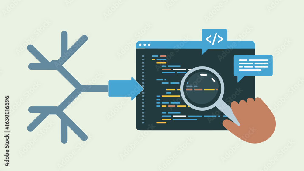 Aufkleber developer's hand reviewing code with a magnifying glass during a pull request vector illustration