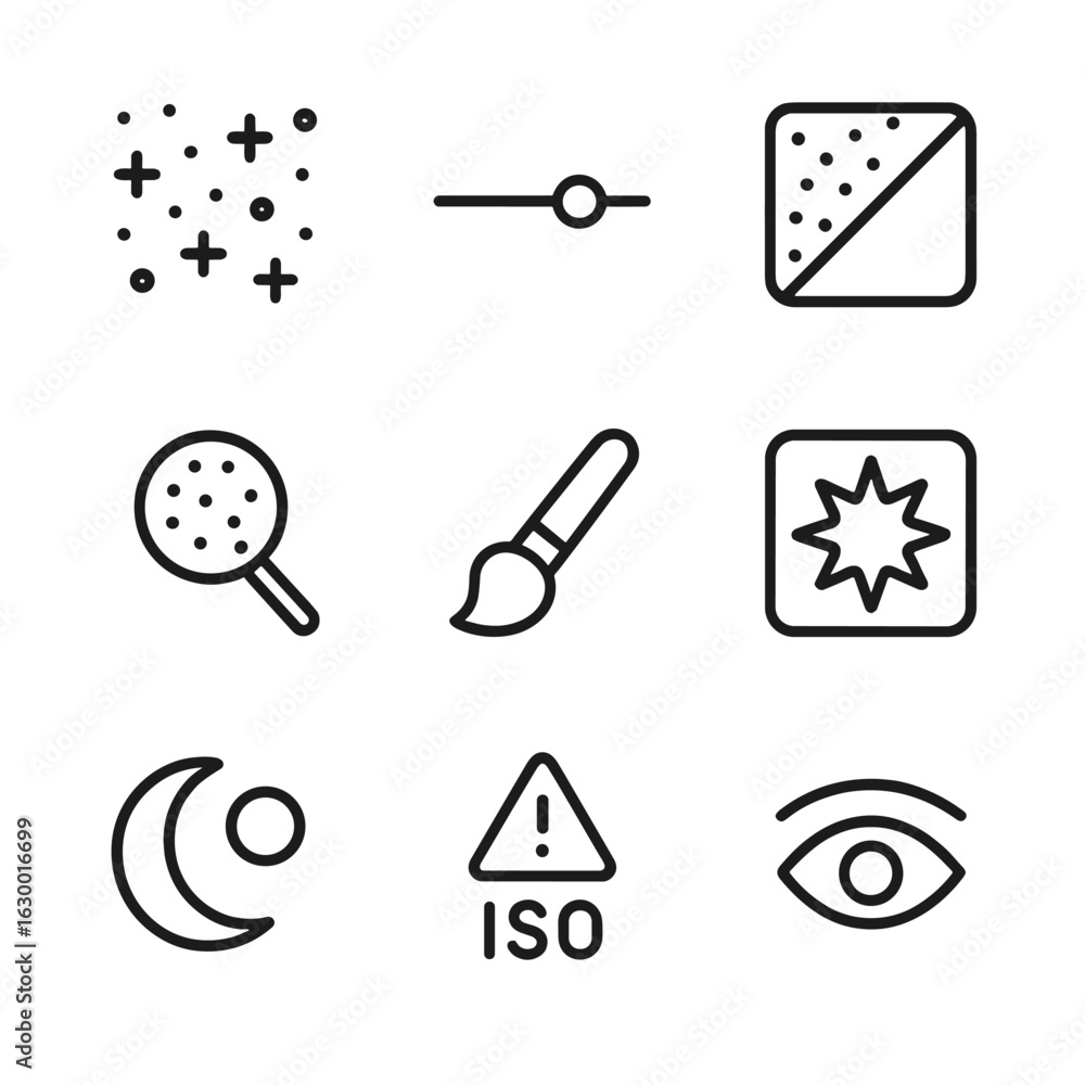 Aufkleber noise reduction icons. outline icon set of raw noise reduction: noise pattern icon, denoise slider, 