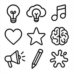 Creative Icon Set. Outline icon set of creative inspiration: light bulb, idea cloud, music notes, heart, star,