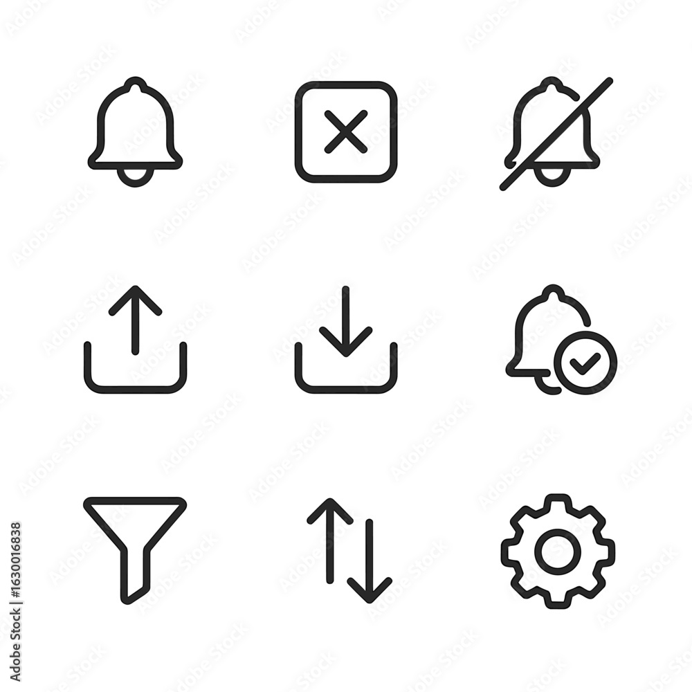 Poster notification center icons. outline icon set of notification center ui: notification list, clear all 