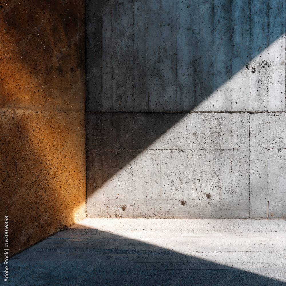Poster geometric shadows: a captivating interplay of light and shadow dances across the raw textures of a c