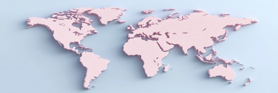 Stunning 3D Render of World Map with Pink Continents on a Vibrant Blue Gradient Background - Powered by Adobe