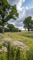 Obraz premium Oak Savanna Forest in July Illinois Midwest Landscape with Summer Wildflowers
