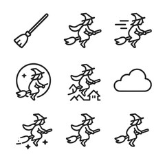 Broomstick Travel Icons. Outline icon set of broomstick travel: broomstick silhouette, flying pose, wind lines, moonlit sky