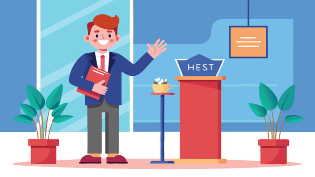 Cartoon man in suit waving next to a podium with the word hest and potted plants in a blue room