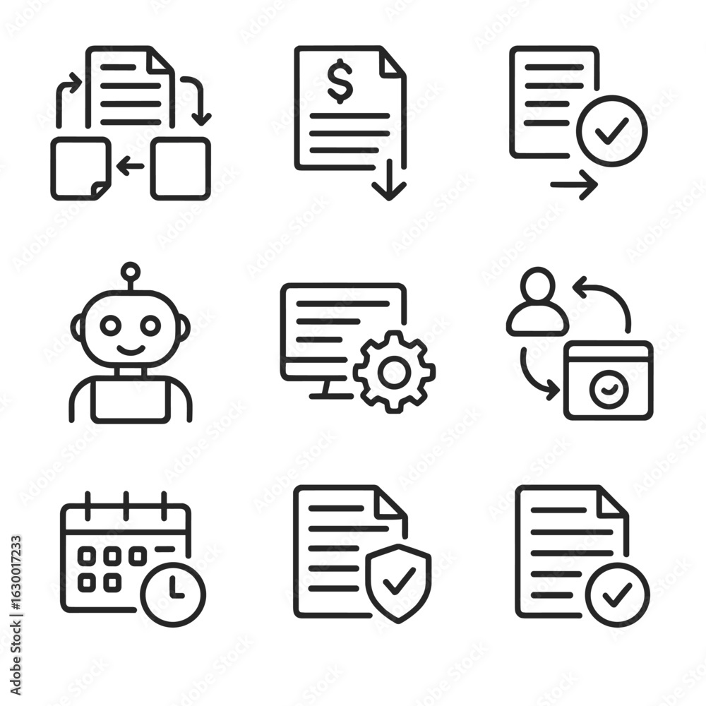 Poster business automation icon set. outline icon set of business process automation: document workflow, in