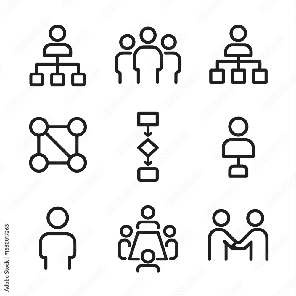 Poster organizational icons grid. outline icon set of organizational structures: hierarchy chart, team, dep