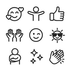 Good Vibes Icons. Outline icon set of good vibes emotions: smiling face with hearts, open arms, thumbs up, clapping hands, raised