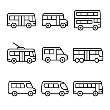 Bus Icons Grid. Outline icon set of bus types: city bus, school bus, double-decker bus, electric bus, shuttle bus, articulated bus