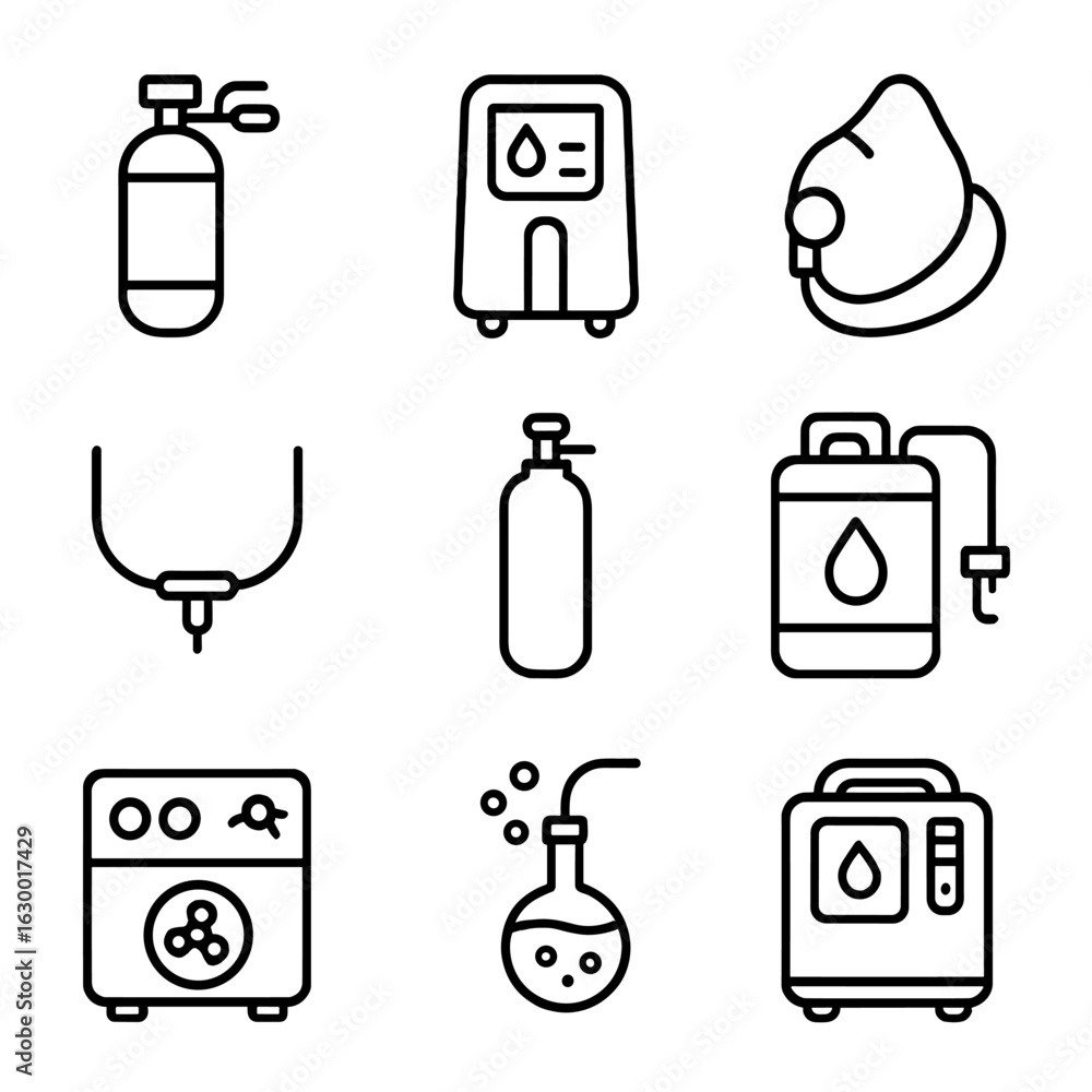 Poster oxygen source icons. outline icon set of oxygen sources: oxygen tank, oxygen concentrator, oxygen ma