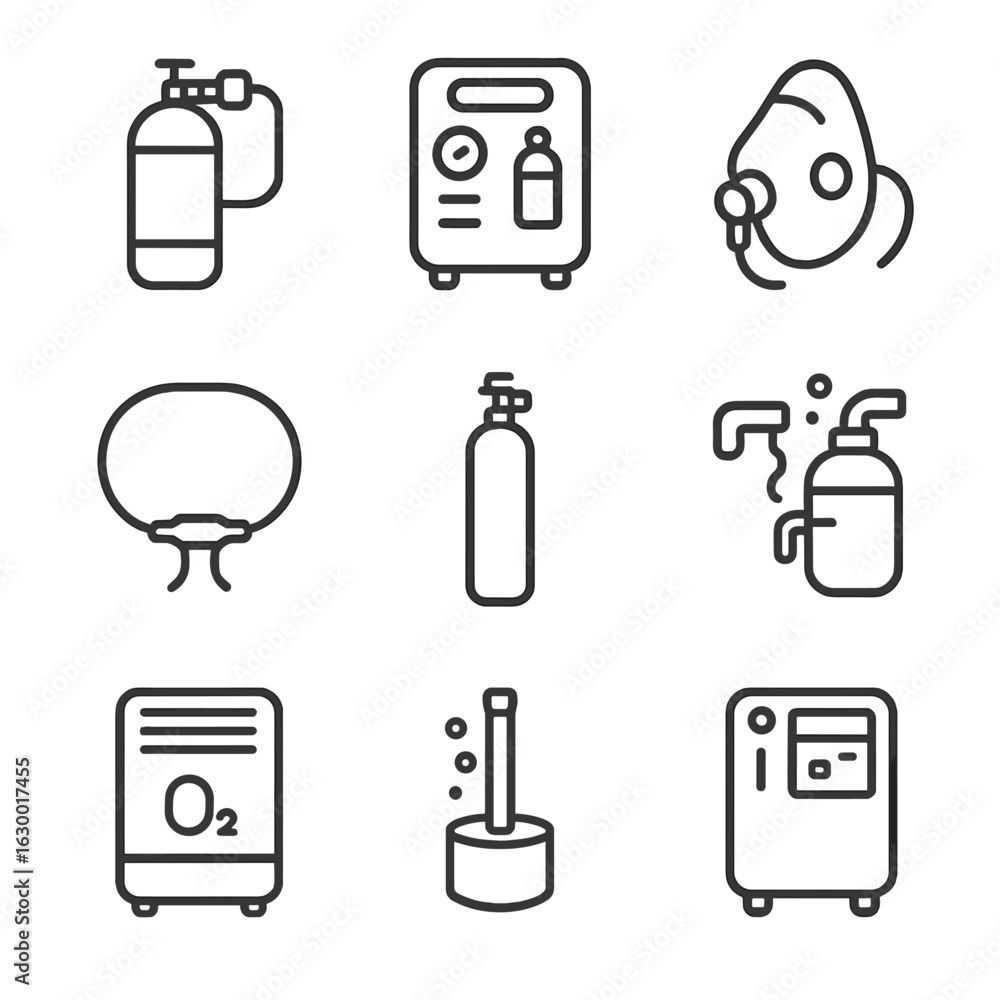 Poster oxygen source icons. outline icon set of oxygen sources: oxygen tank, oxygen concentrator, oxygen ma