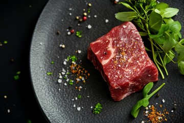 Fresh raw beef steak with seasoning on black plate