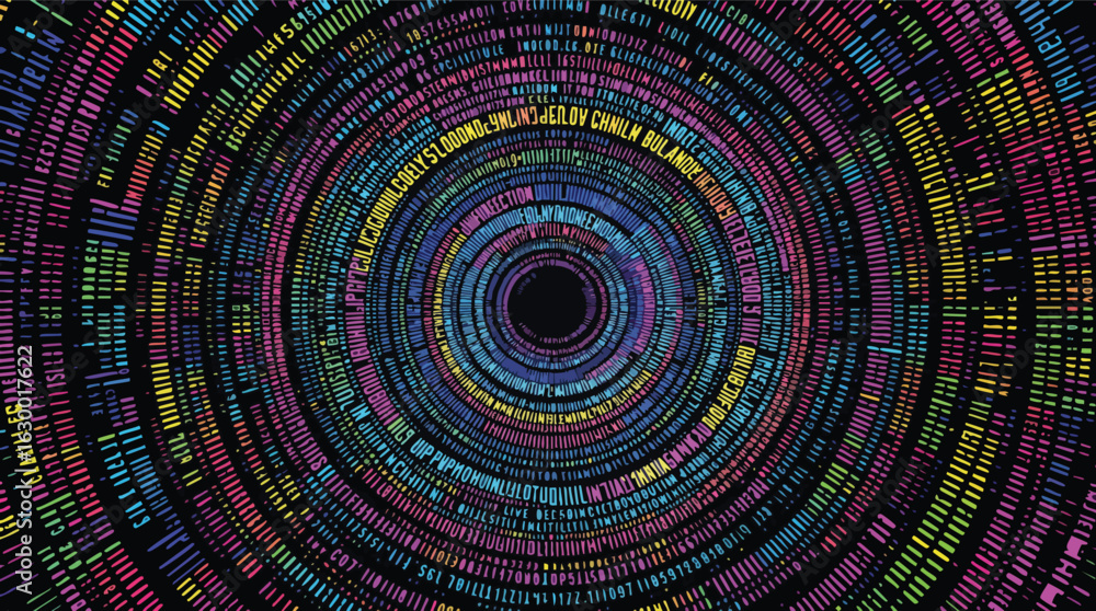 Poster circular pattern of colorful text and numbers abstract.