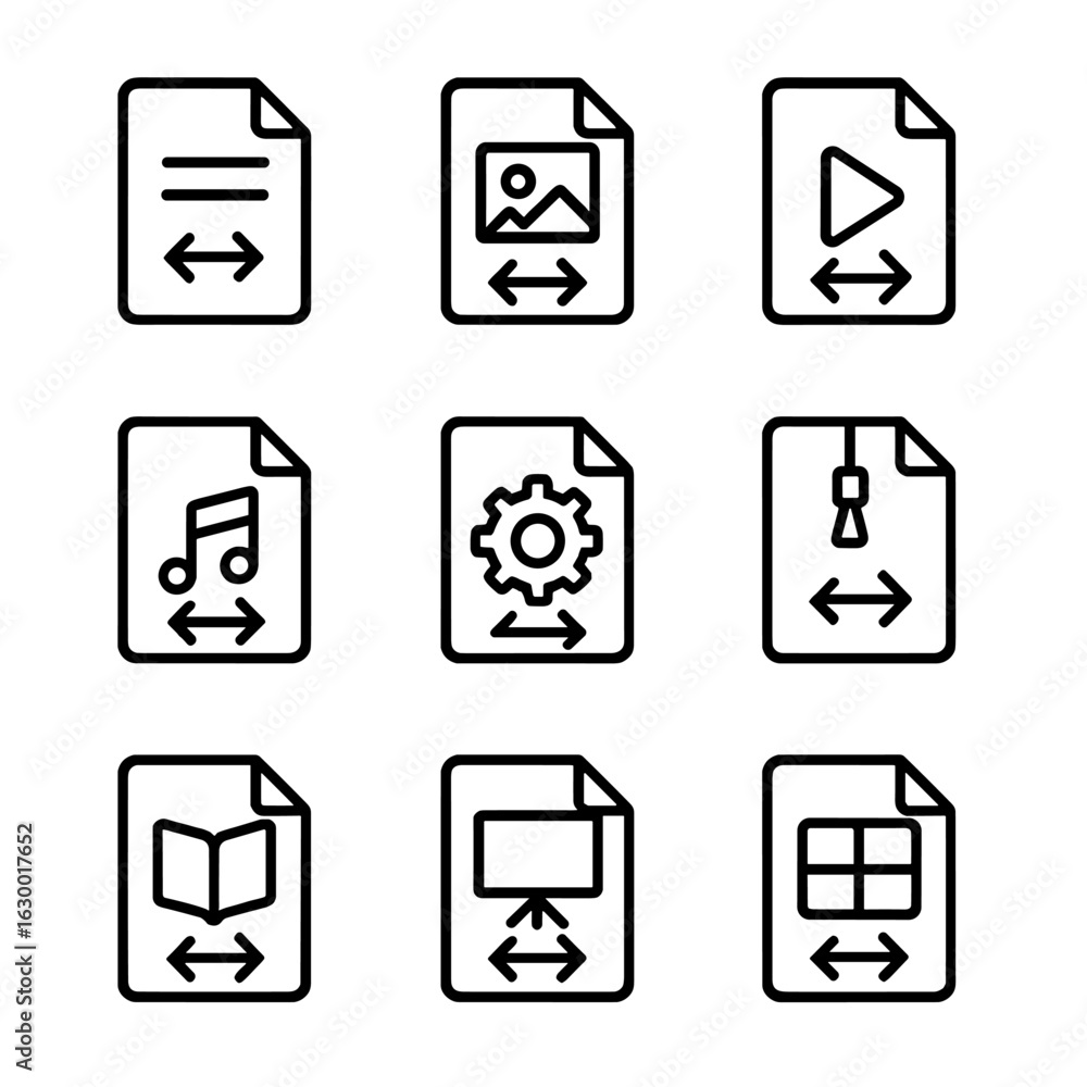 Poster p2p file type icons. outline icon set of p2p file types: document, image, video, audio, software, co