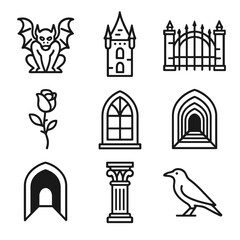 Gothic Castle Icons. Outline icon set of gothic castle: gargoyle, spiked tower, iron gate, black rose, arched window, long hallway