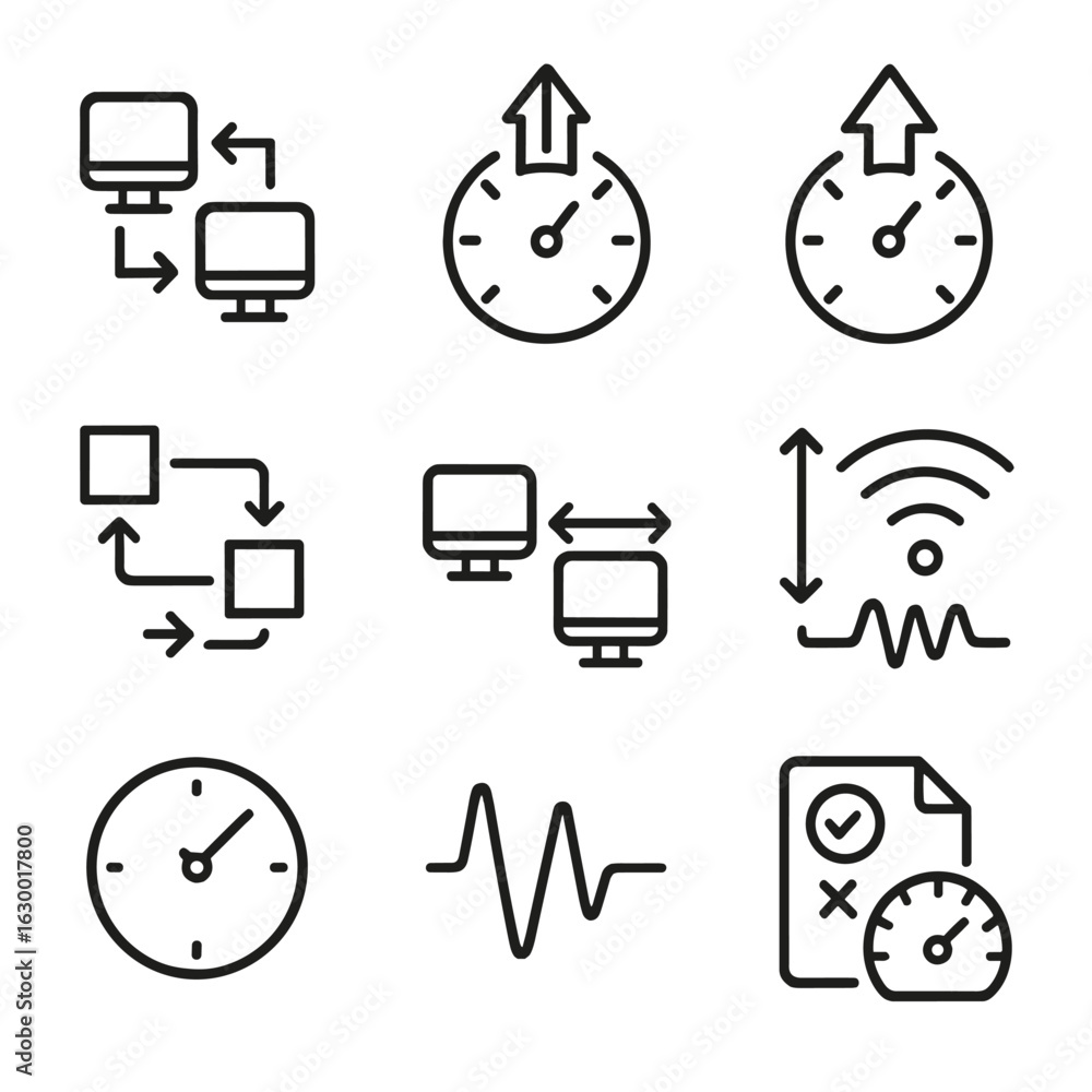 Poster peer-to-peer icon set. outline icon set of peer-to-peer data flow: upload speed, download speed, dat
