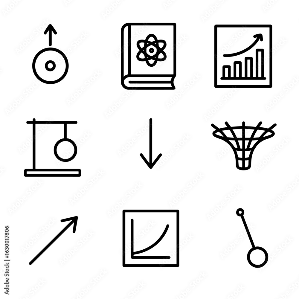 Poster gravity icon set. outline icon set of gravity in science education: gravity diagram, physics book, g