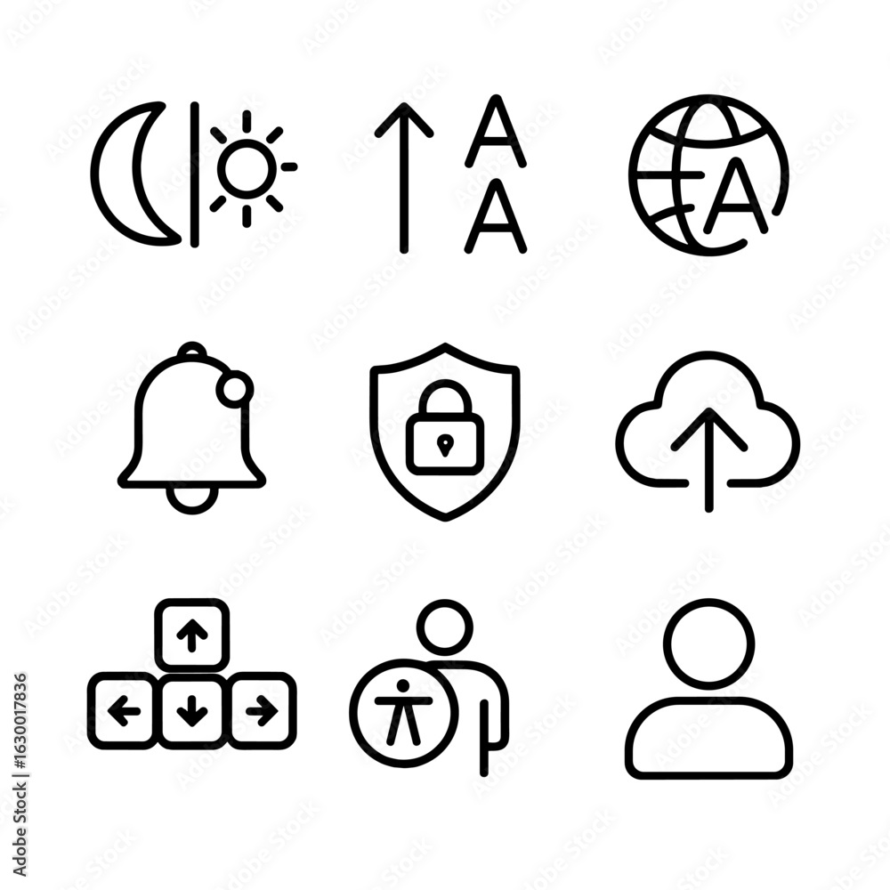 Poster camera app icon set. outline icon set of camera app personalization: theme switch, font size, langua