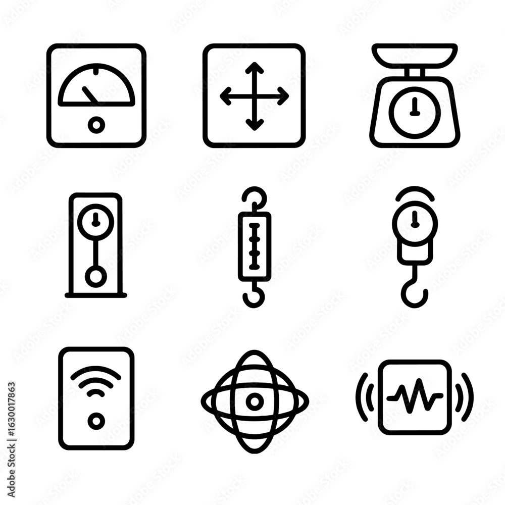 Poster gravity devices icons. outline icon set of gravity devices and instruments: gravimeter, acceleromete