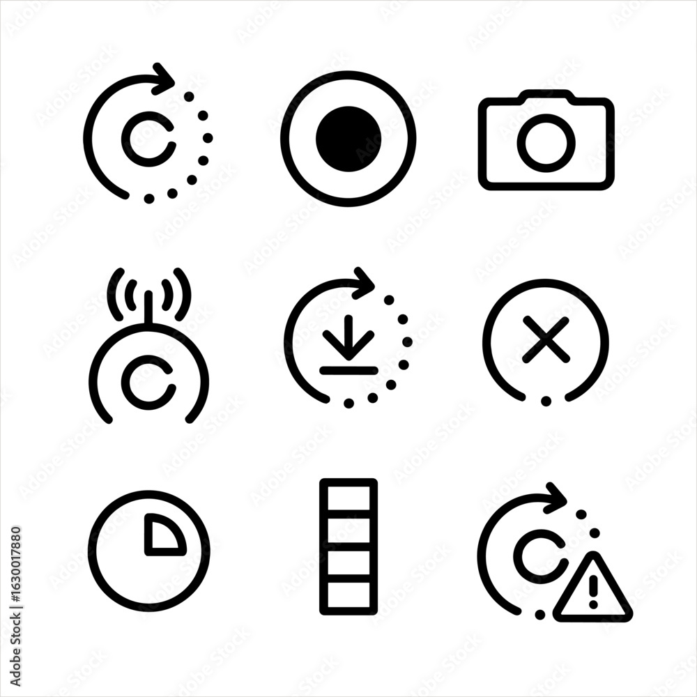 Aufkleber camera buffer icon set. outline icon set of camera buffer replay: buffer icon, record buffer icon, s