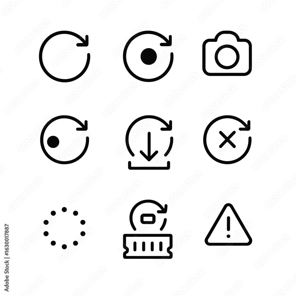 Poster camera buffer icon set. outline icon set of camera buffer replay: buffer icon, record buffer icon, s