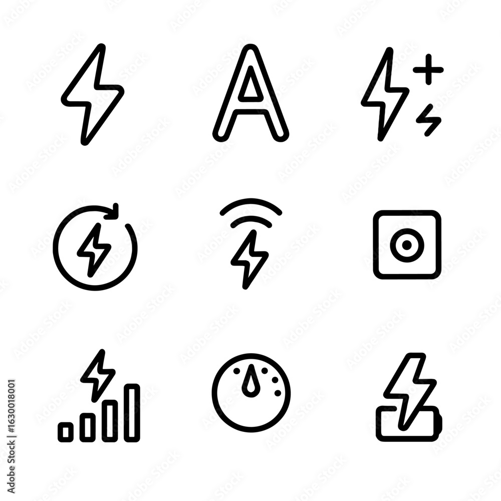 Poster camera flash icons. outline icon set of camera flash controls: flash on/off, flash auto mode, flash 