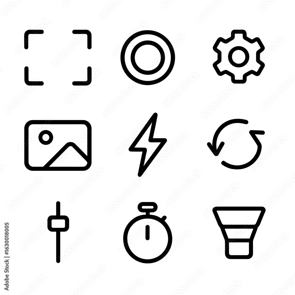 Aufkleber phone camera ui icons. outline icon set of phone camera user interface: viewfinder, shutter button, 