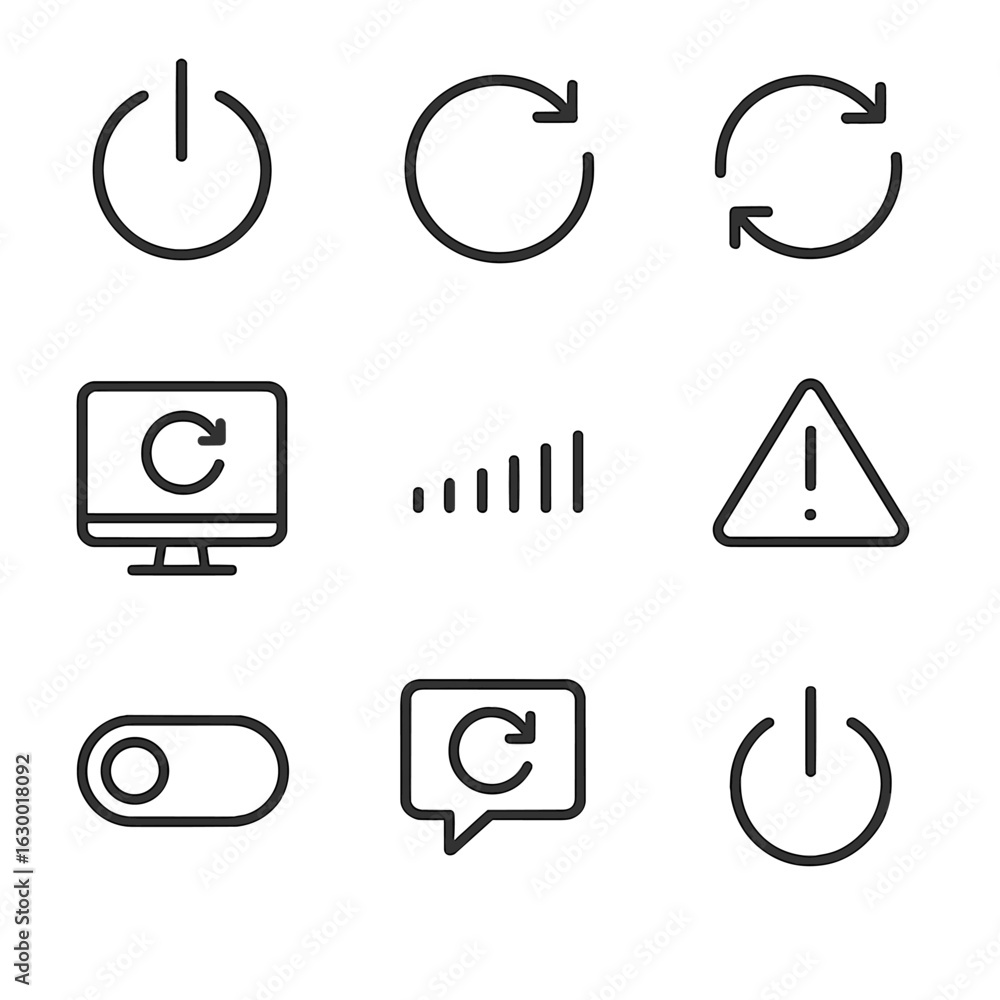 Poster icon grid collection. outline icon set of reboot: power button, circular arrow, refresh icon, restar