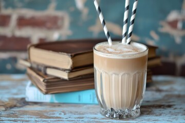 Iced coffee with straws and books on rustic table
