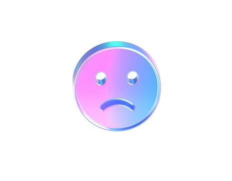  Tilted Holographic 3D Sad Face with Iridescent Surface and Floating Shadow, Isometric Angle, Isolated