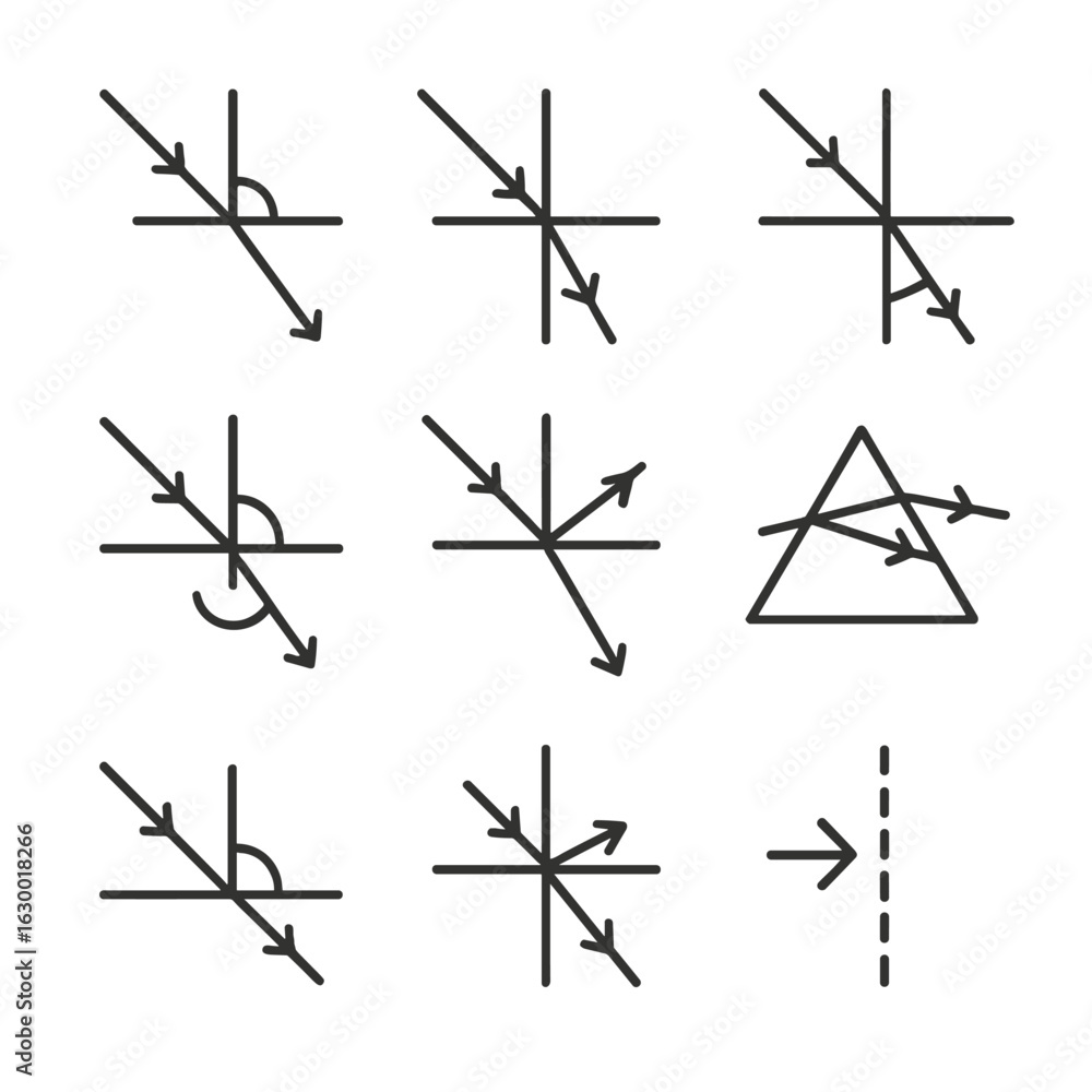 Poster physics angles icons. outline icon set of physics reflection/refraction angles: incidence angle, ref