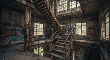Abandoned industrial interior with graffiti and rusted stairs