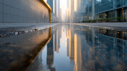 City Reflection: A striking low-angle shot showcases the mesmerizing mirror-like reflection of skyscrapers in a puddle on a city street, offering a unique perspective on urban life.