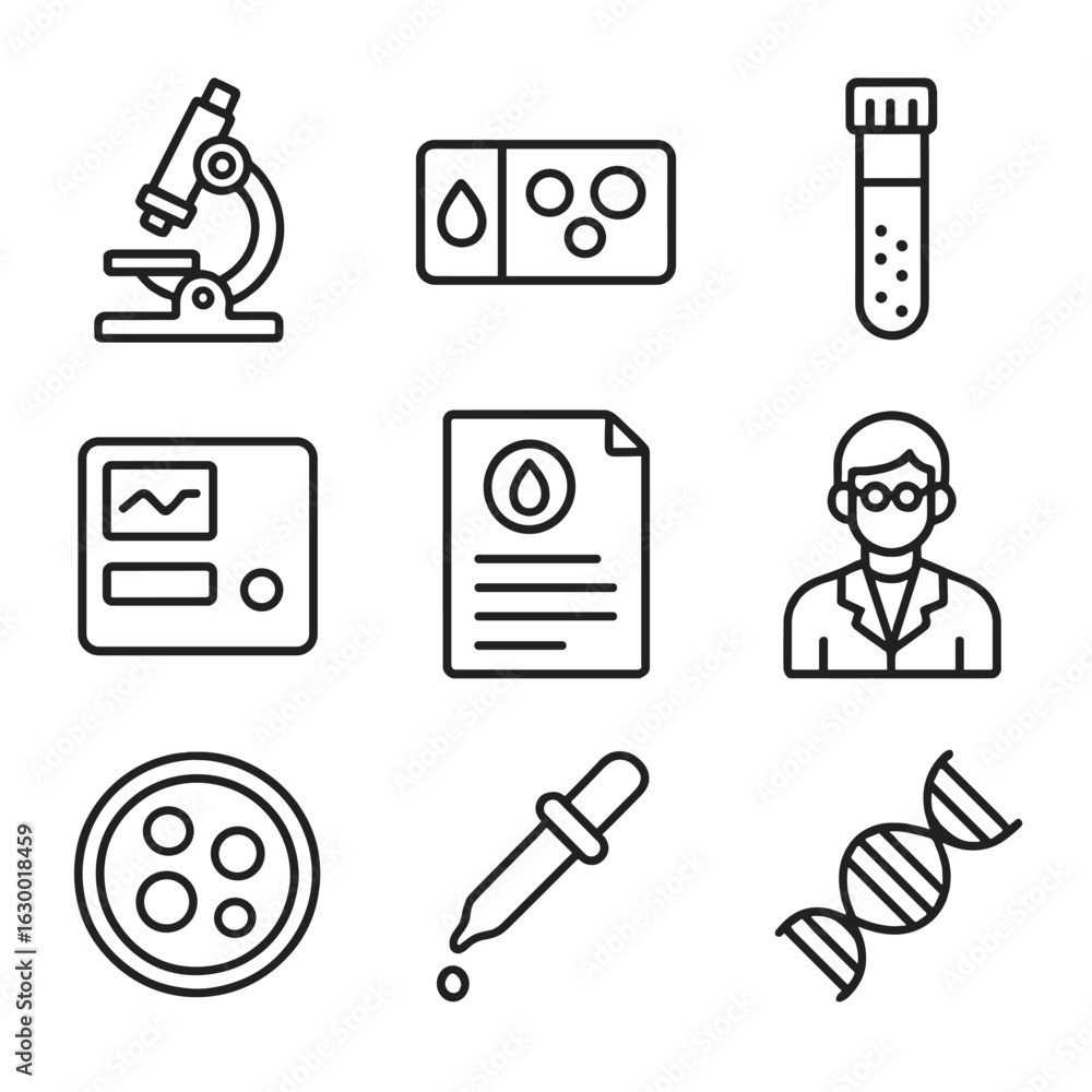 Poster platelet testing icons. outline icon set of platelet testing and analysis: microscope, blood smear, 