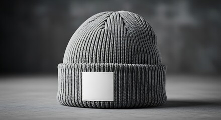 A grey knitted beanie hat with a blank white label on a textured surface