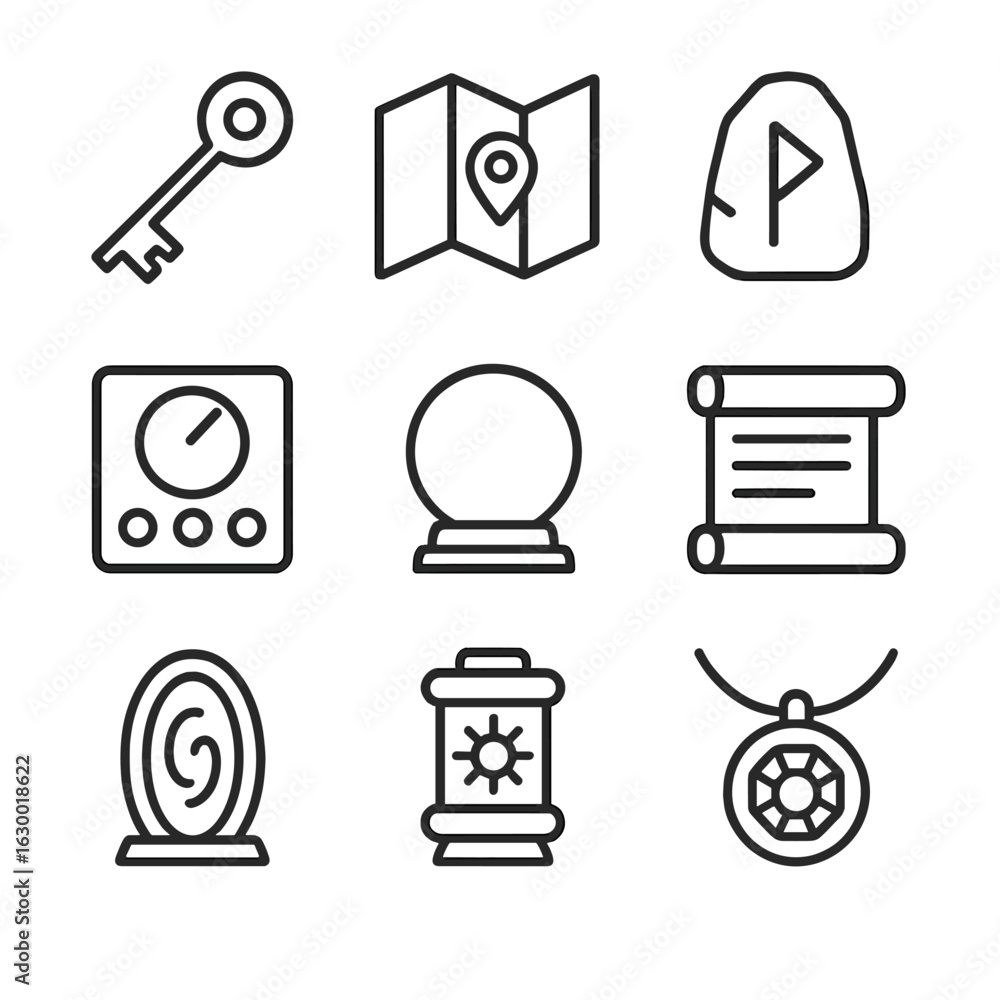Poster portal objects icons. outline icon set of portal related objects: key, map, rune stone, control pane