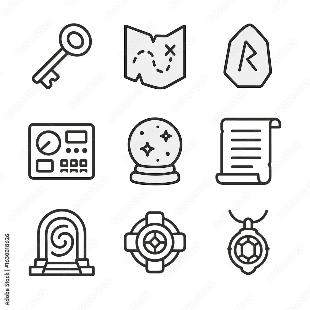 Poster portal objects icons. outline icon set of portal related objects: key, map, rune stone, control pane
