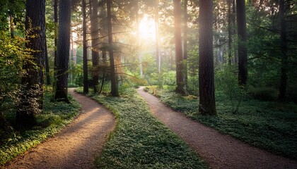 forest path splitting with diverging choices in ethereal light