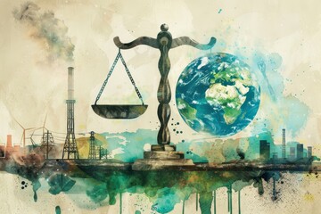 Environmental justice concept art with scales and earth