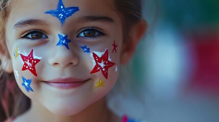 Obraz premium Photograph of a young girl with patriotic red and blue star face paint against a blurred colorful background.