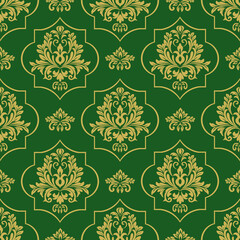 Green and gold ornamental crest pattern. This seamless pattern design is suitable for upscale decorative applications and general decoration.