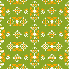 Vibrant geometric pattern composed of various shapes and colors, predominantly orange, white, and green. This is it suitable for various applications in textiles, wallpapers and decorative.