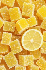 Bright yellow lemon candies covered in sugar with a fresh lemon slice in the center

