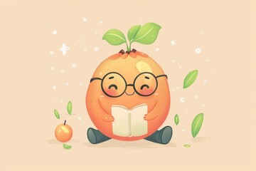 Adorable orange character reading a book with green leaves